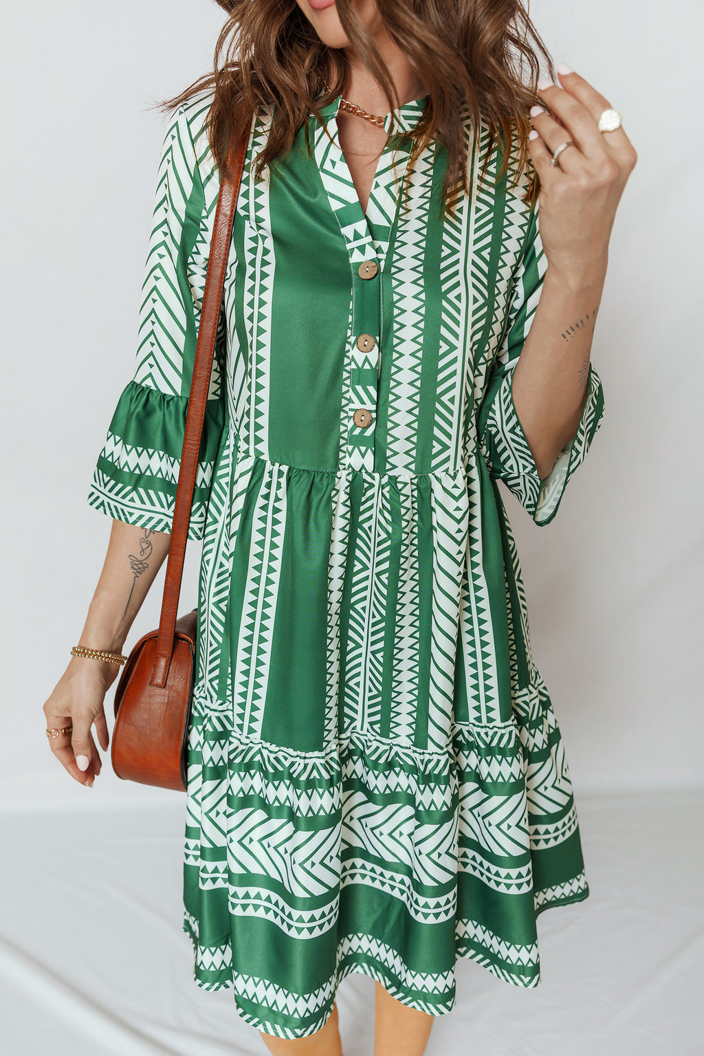 Green Boho Ethnic Print Casual Dress Half Button 3/4 Sleeve Women S-XL