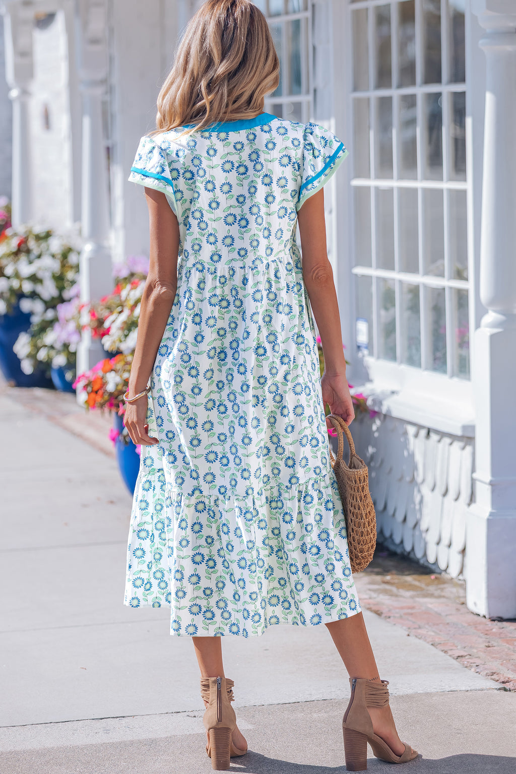 Sunflower Print Flutter Sleeve Maxi Dress Striped Trim Sky Blue Red UK 8-22