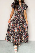 Black Floral Print V Neck Pleated Tiered Maxi Dress S-XL