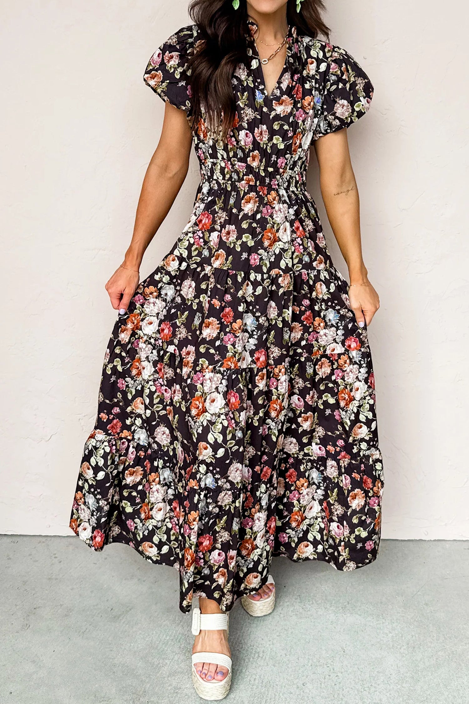 Black Floral Print V Neck Pleated Tiered Maxi Dress S-XL