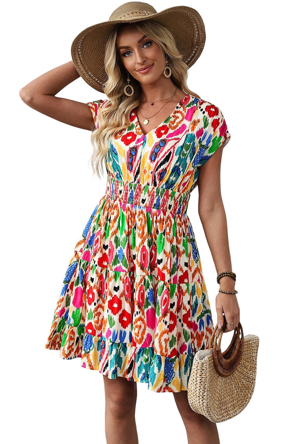 Women's Abstract Print V-Neck Dolman Sleeve Ruffle Tiered Mini Dress S-XL at LivelyLooks