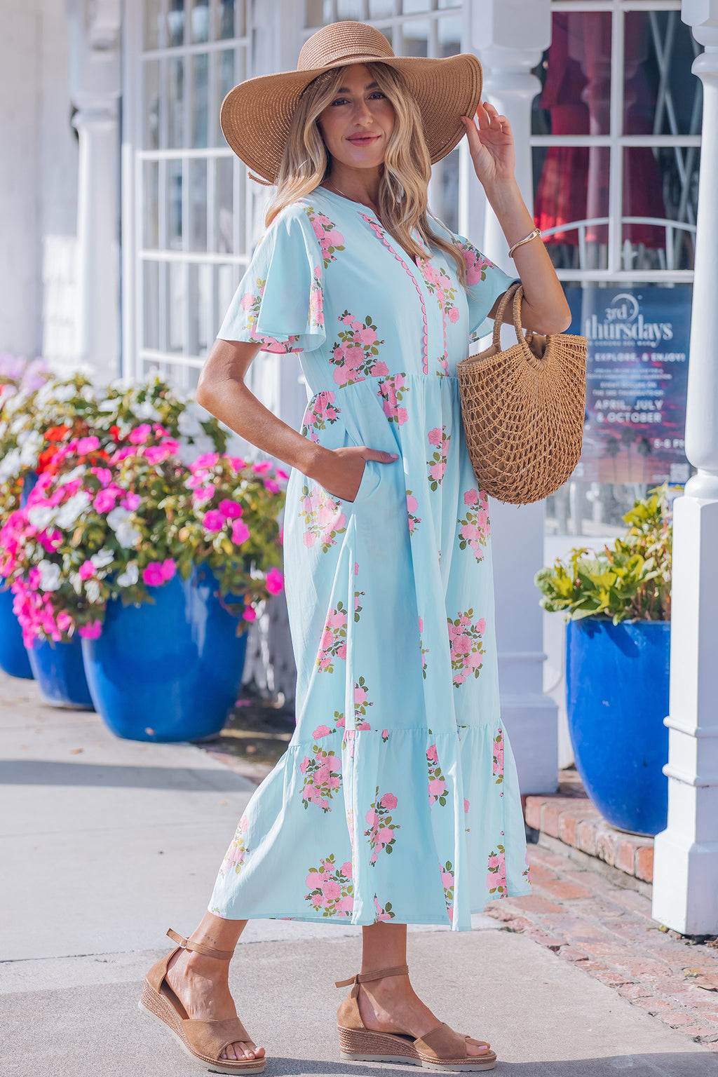 LivelyLooks Women's Floral Maxi Dress Flutter Sleeve Notched Neck Summer Holiday Pink Blue women's fashion