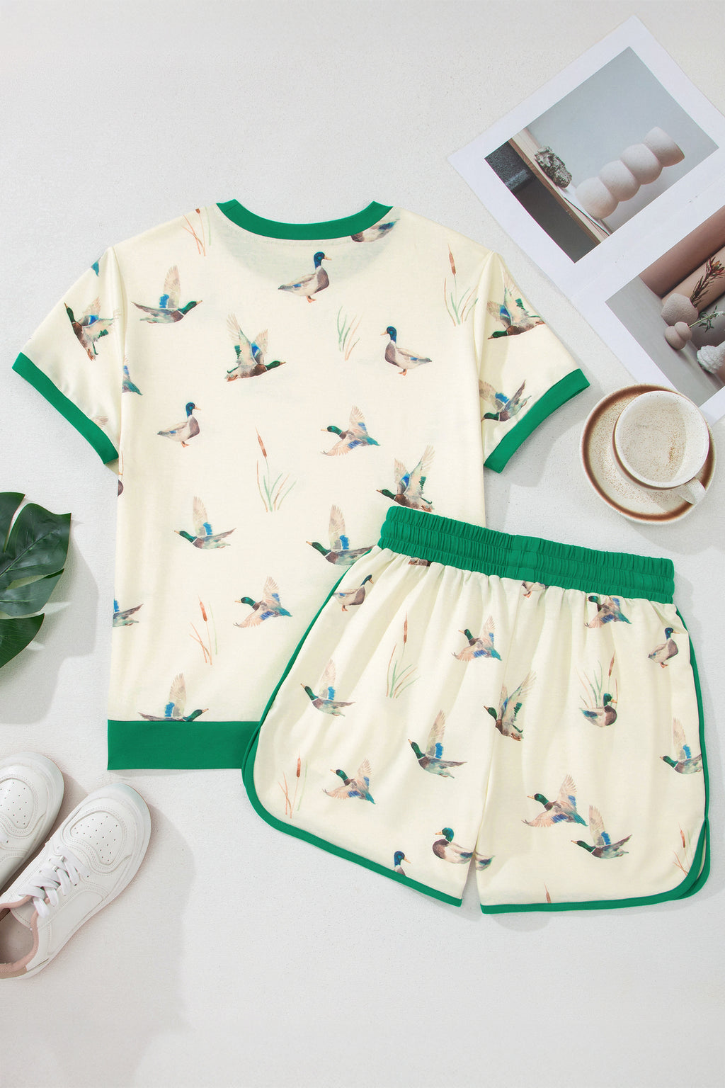 Beige Mallard Print Colourblock Trim Short Set