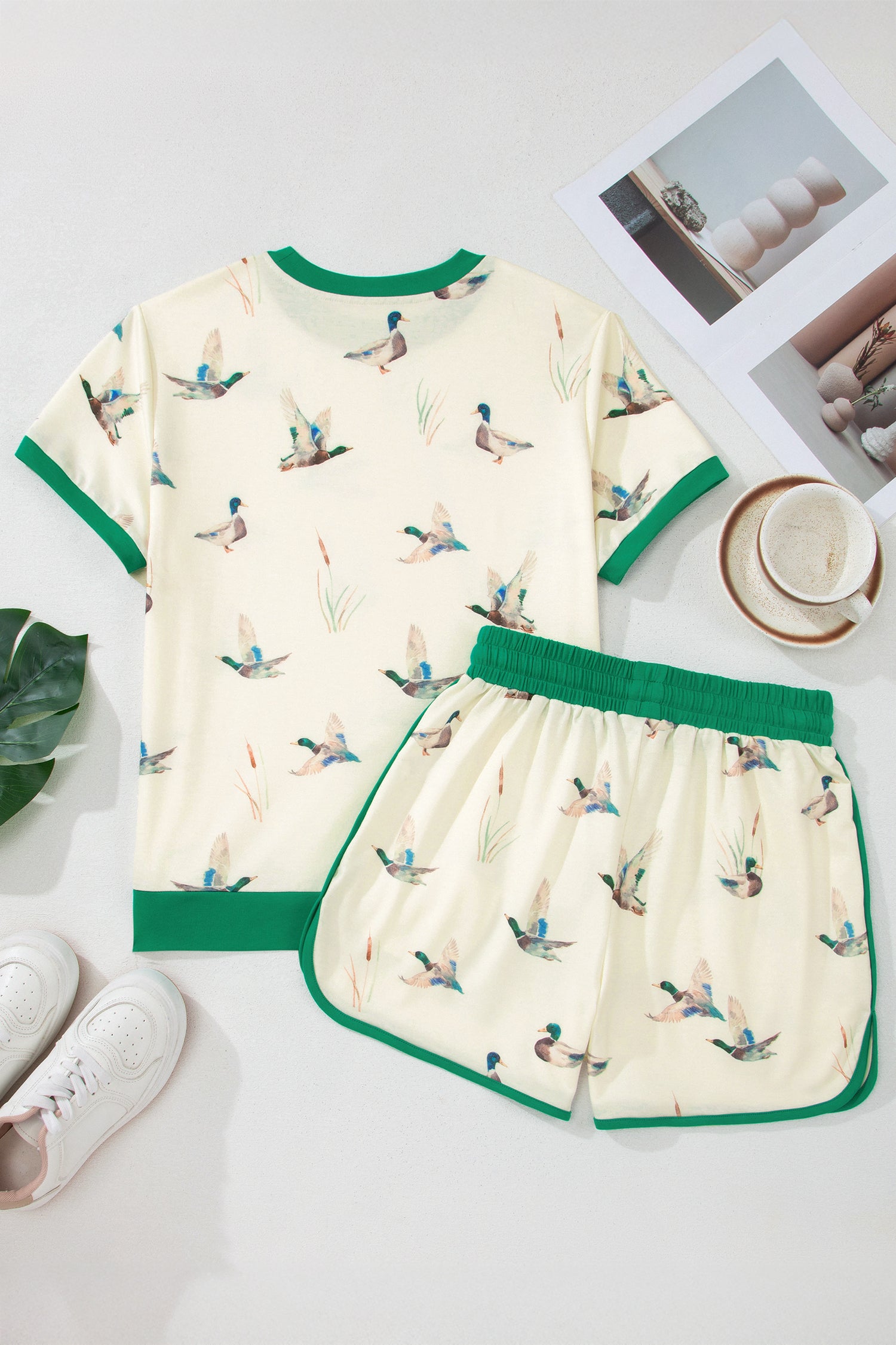Beige Mallard Print Colourblock Trim Short Set