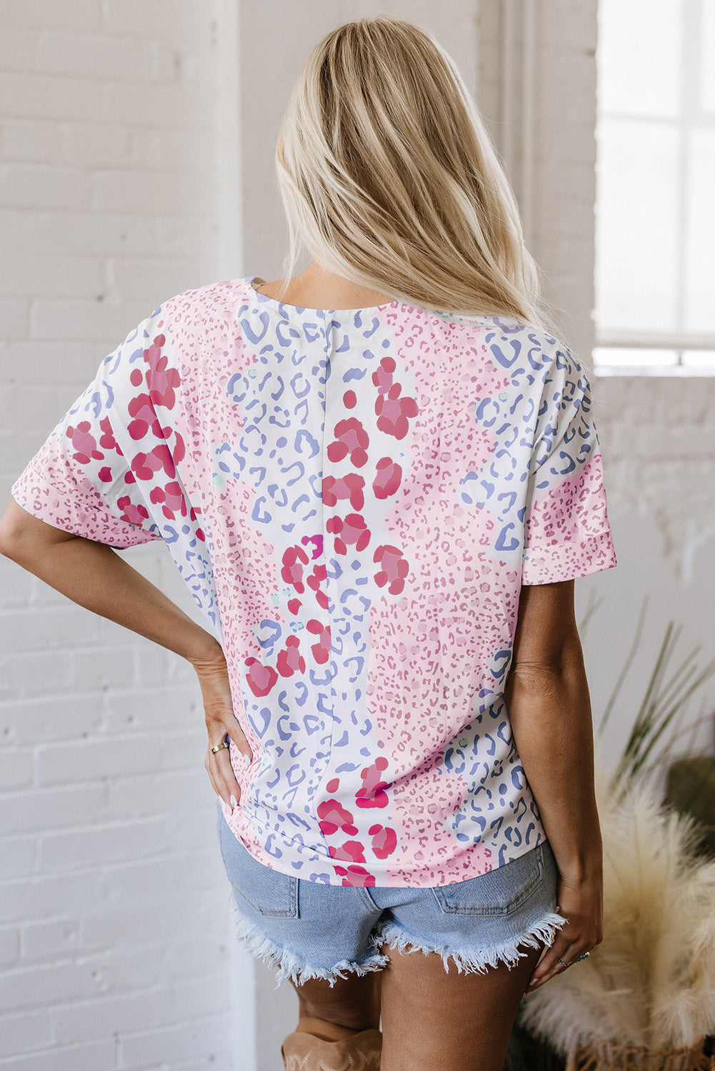 Leopard Print V Neck Blouse Short Sleeve Sky Blue Pink Green Women S-XL