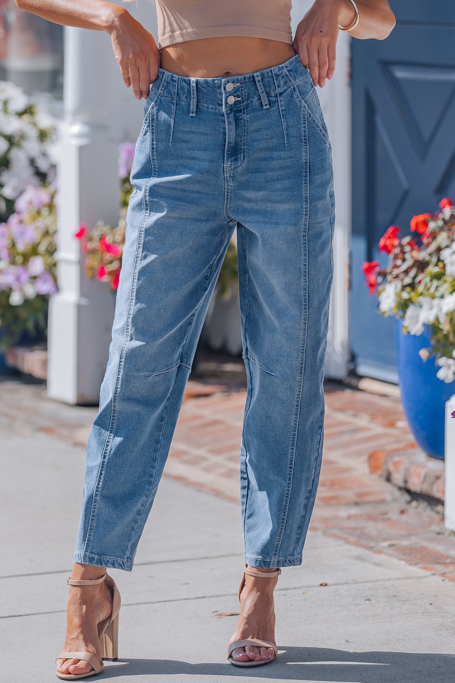 Women's Blue Medium Wash Cuffed Barrel Leg Jeans Mid-Rise Denim UK 4-16 at LivelyLooks
