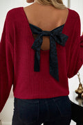 Ribbed V Neck Bow Back Drop Shoulder Long Sleeve Top | Red & Taupe