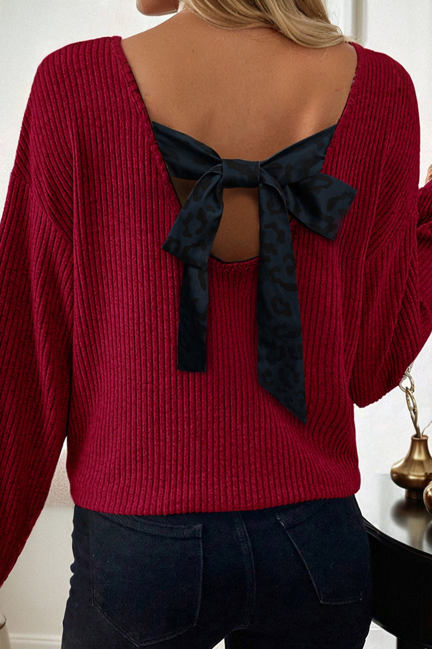 Ribbed V Neck Bow Back Drop Shoulder Long Sleeve Top | Red & Taupe