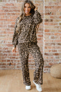 Leopard Print Raw Seam Pullover & Wide Leg Pant Set | Brown & Grey