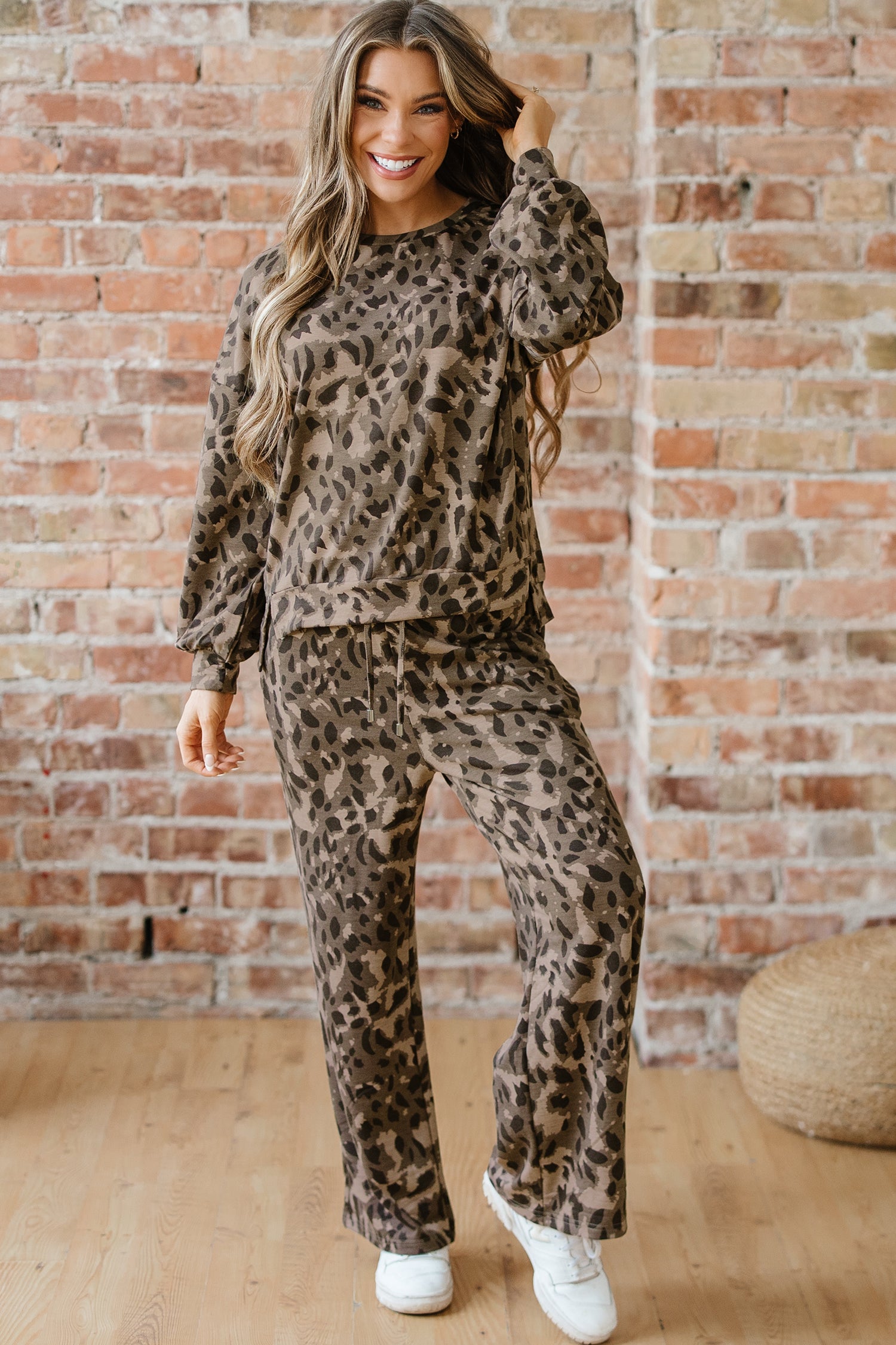 Leopard Print Raw Seam Pullover & Wide Leg Pant Set | Brown & Grey