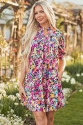 Pink Floral Puff Sleeve V Neck Mini Dress S-XL