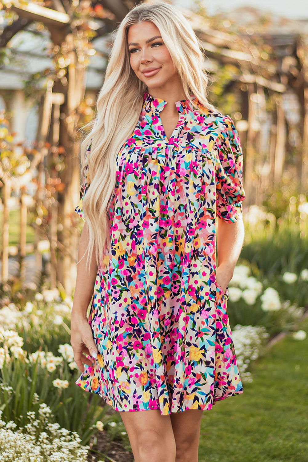 Pink Floral Puff Sleeve V Neck Mini Dress S-XL