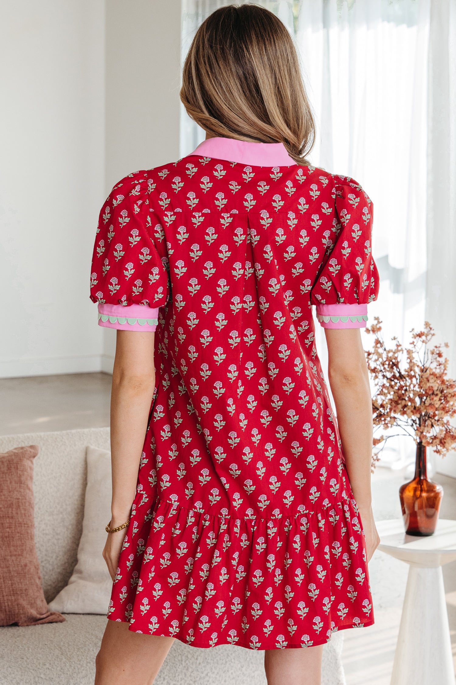 Red Floral Print Mini Dress Contrast V Neck Short Bubble Sleeve Women S-XL