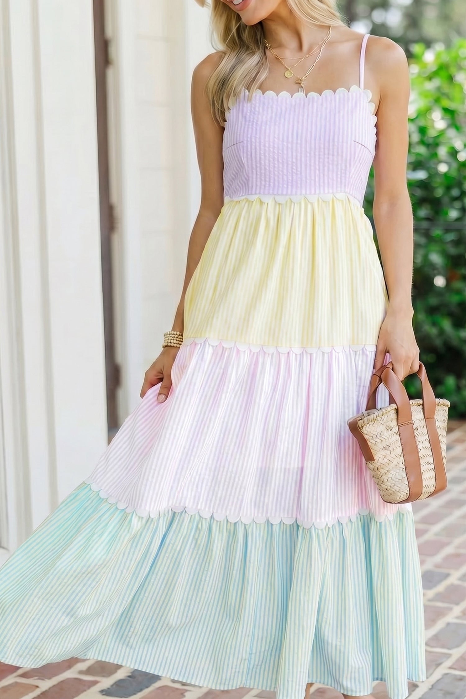 Multicolour Striped Colorblock Scalloped Neck Maxi Dress | S-XL
