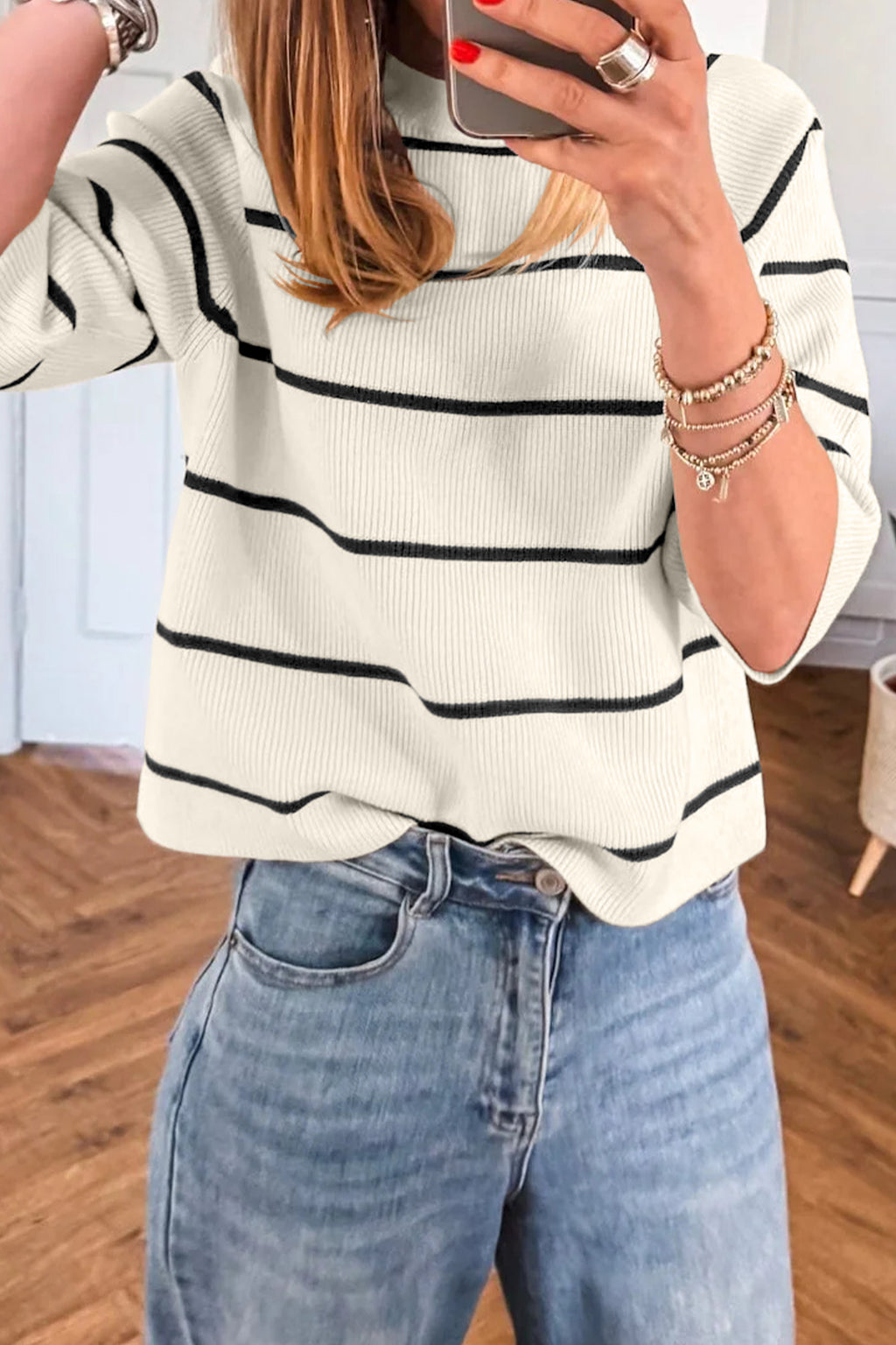 White Stripe Ribbed Knit Half Sleeve Loose Sweater Tee | Sizes S–XL