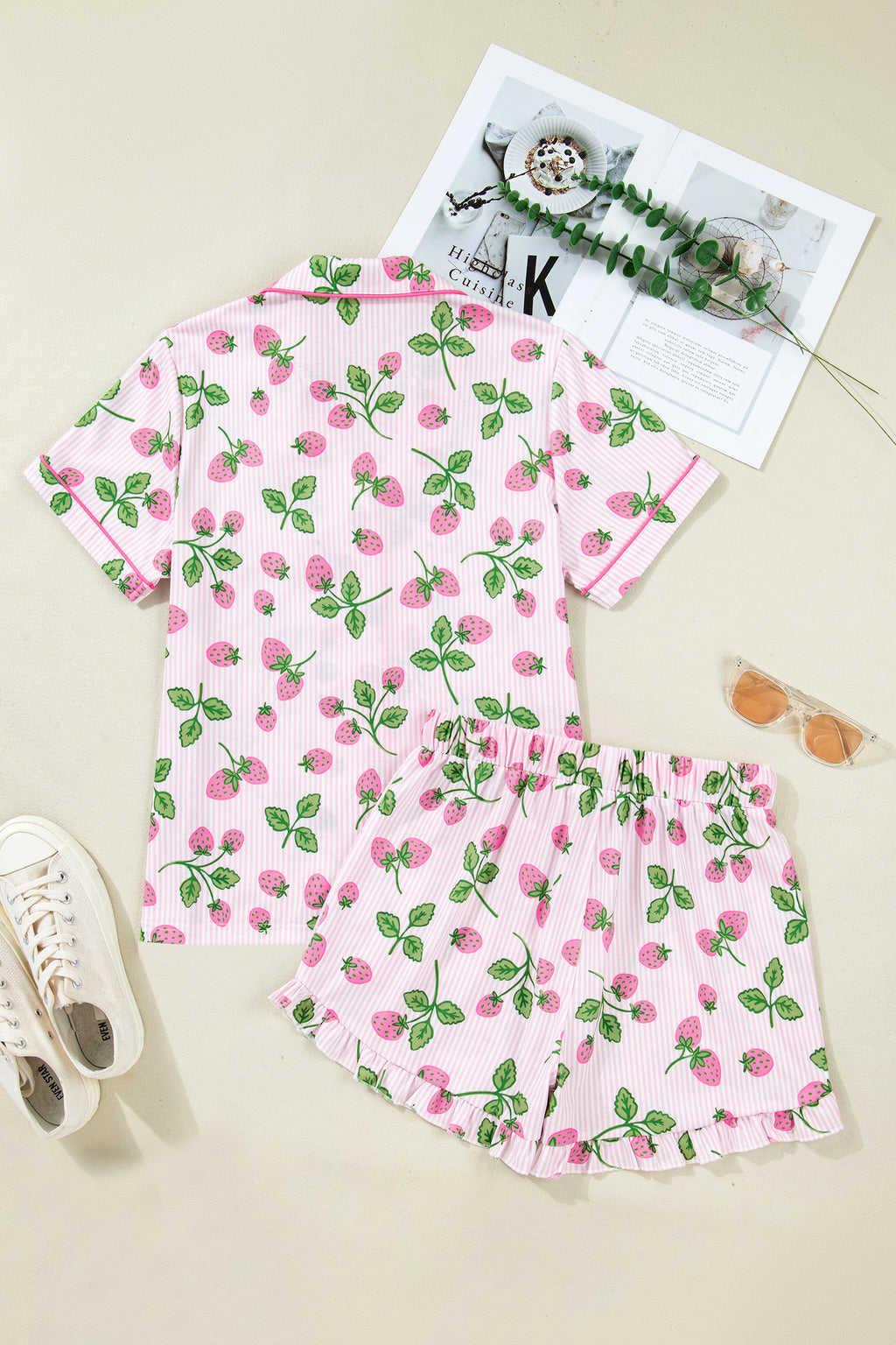 Women's Pink Strawberry Stripe Pyjama Set Short Sleeve Shirt & Shorts at LivelyLooks