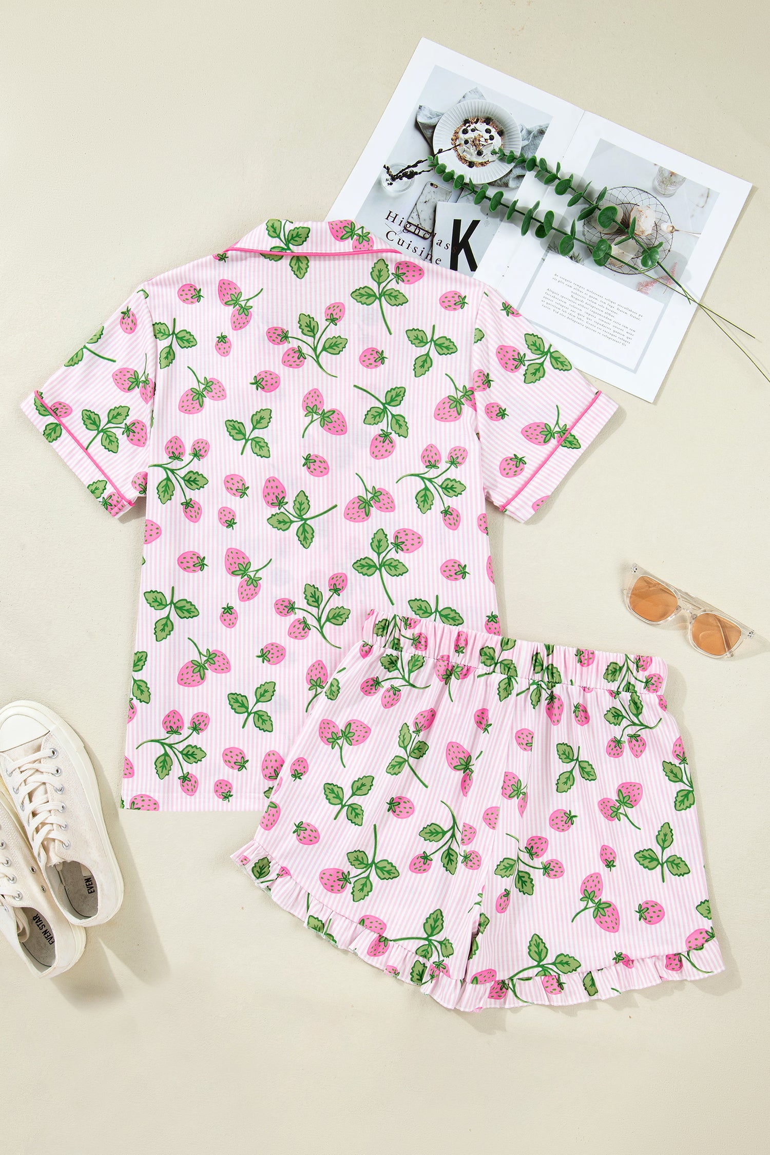 Women's Pink Strawberry Stripe Pyjama Set Short Sleeve Shirt & Shorts at LivelyLooks