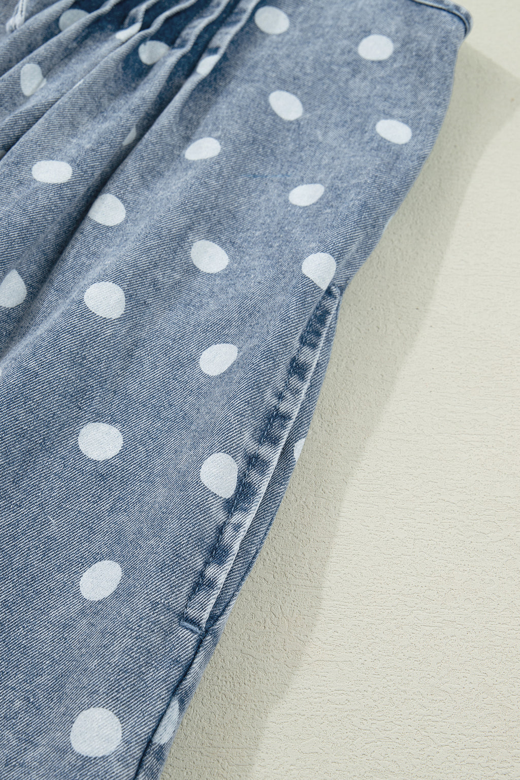 Shop Sky Blue Polka Dot Denim Romper | Tie V-Neck Pleated Loose Playsuit at LivelyLooks