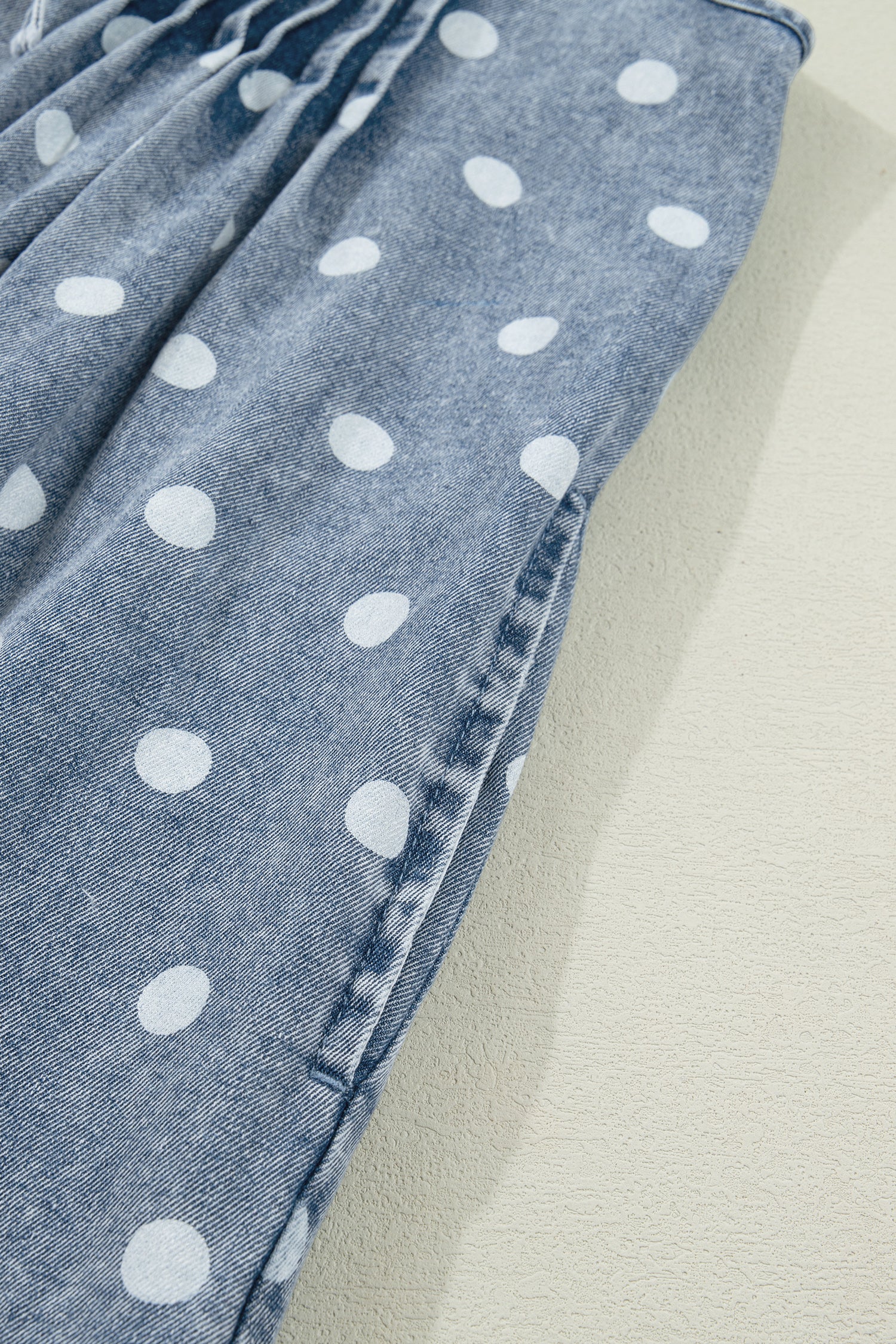 Shop Sky Blue Polka Dot Denim Romper | Tie V-Neck Pleated Loose Playsuit at LivelyLooks