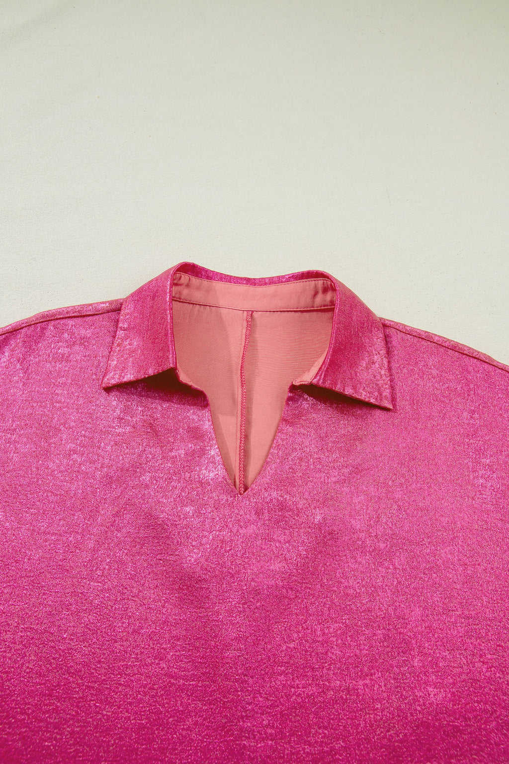 Women's Aqua Metallic Shimmer Collared V Neck Half Sleeve Top at LivelyLooks