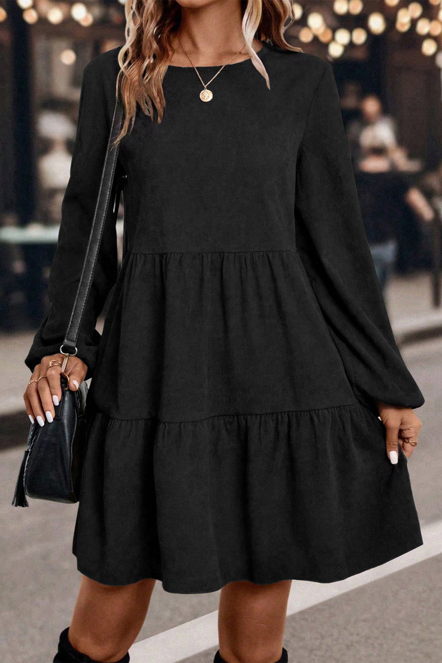 Lantern Sleeve Tiered Mini Dress | Black, Dark Brown & Mist Green | UK 8–22