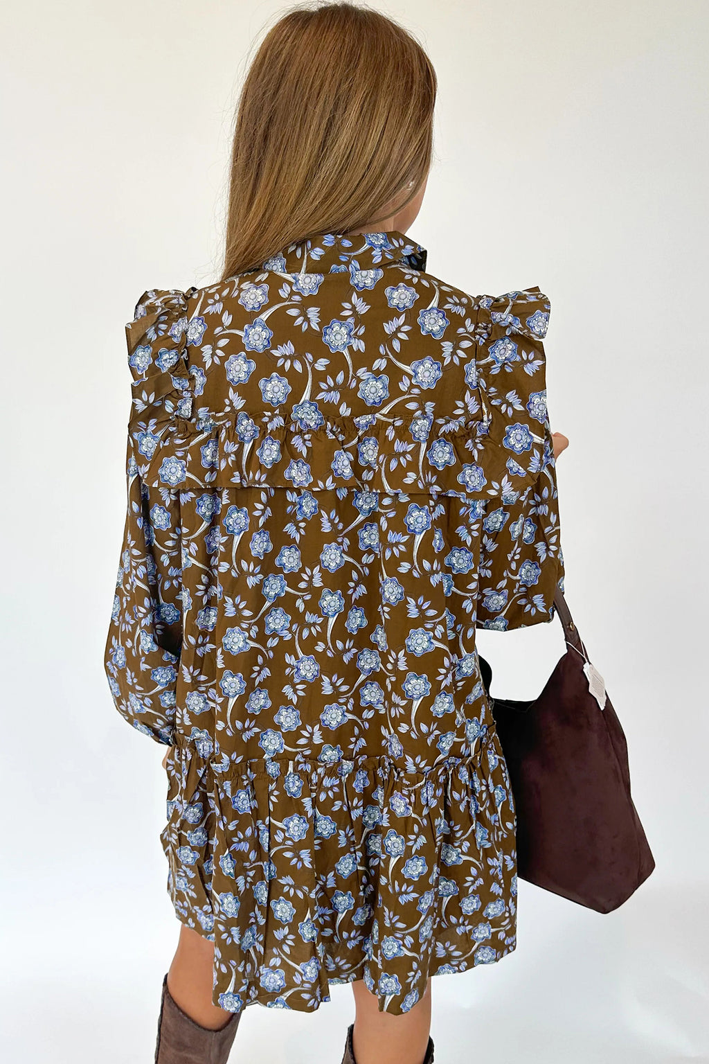 Brown Floral Print Shirt Dress Ruffled Detail Collar Button Down Long Sleeve Women S-XL