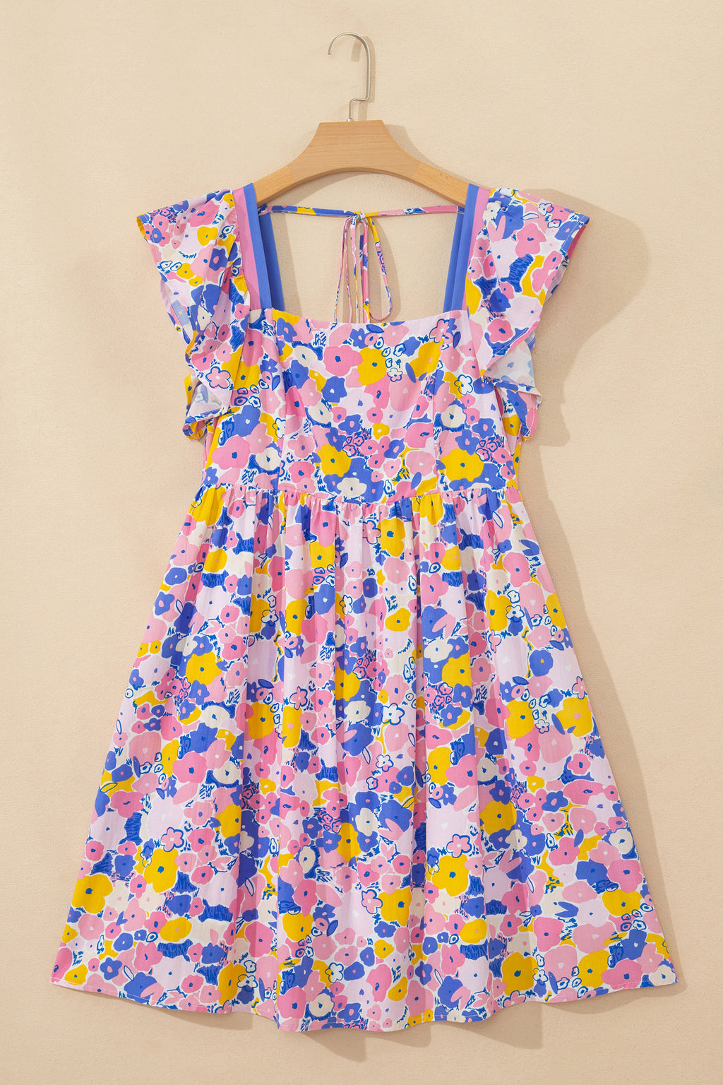 Multicolour Floral Flutter Sleeve Striped Trim Square Neck Mini Dress