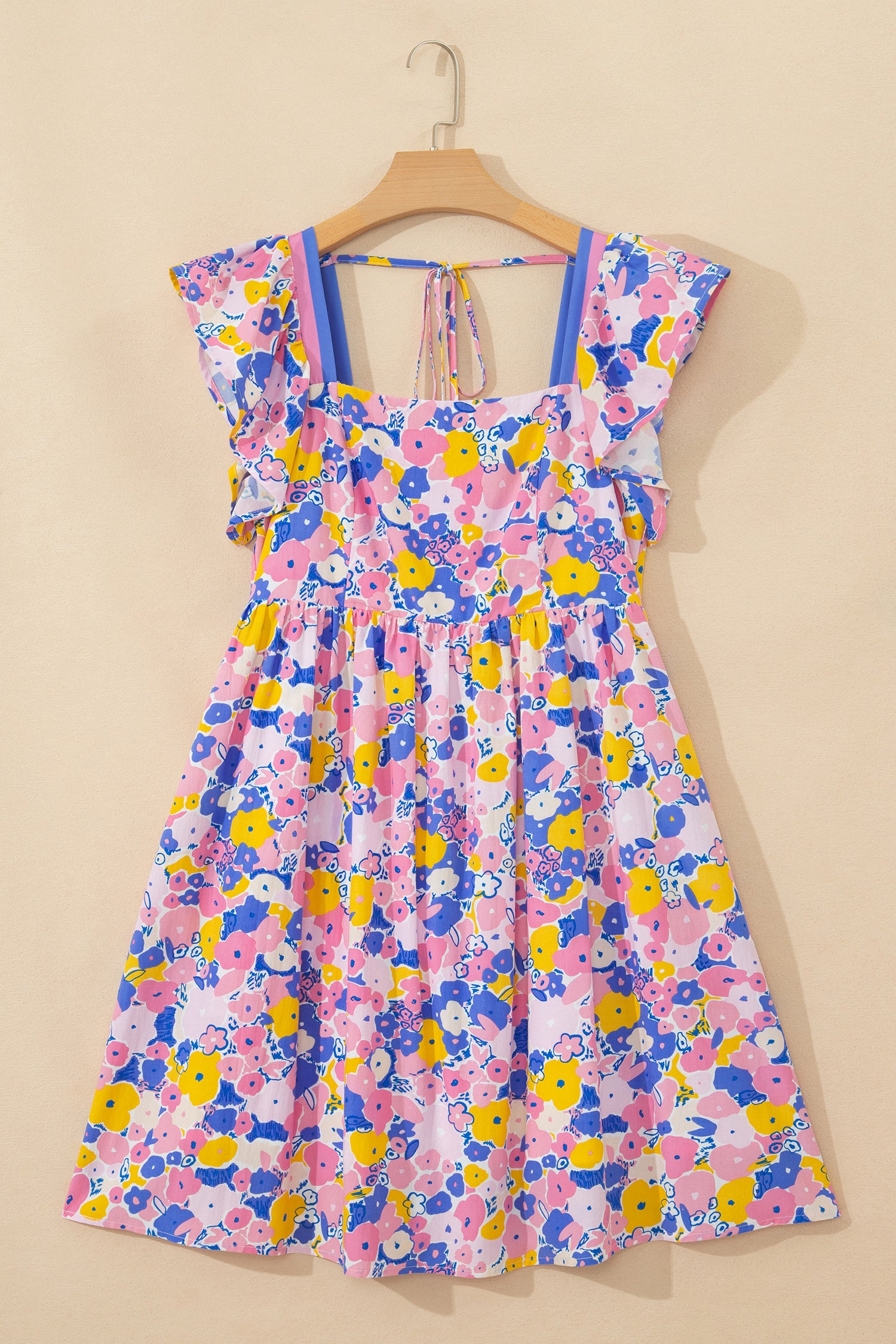 Multicolour Floral Flutter Sleeve Striped Trim Square Neck Mini Dress