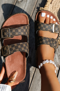 LivelyLooks Women's Brown Geometric Print Cutout Buckle PU Leather Flat Sandals EU 37-42 women's fashion