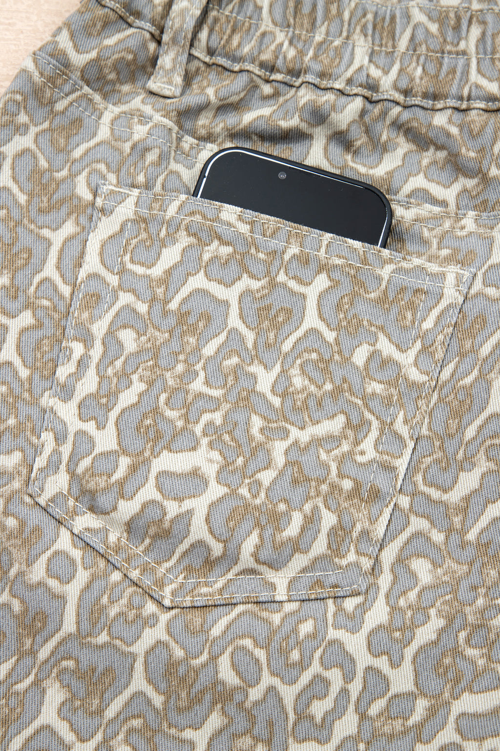 Khaki Raw Edge Leopard Print Denim Shorts | UK 8–20