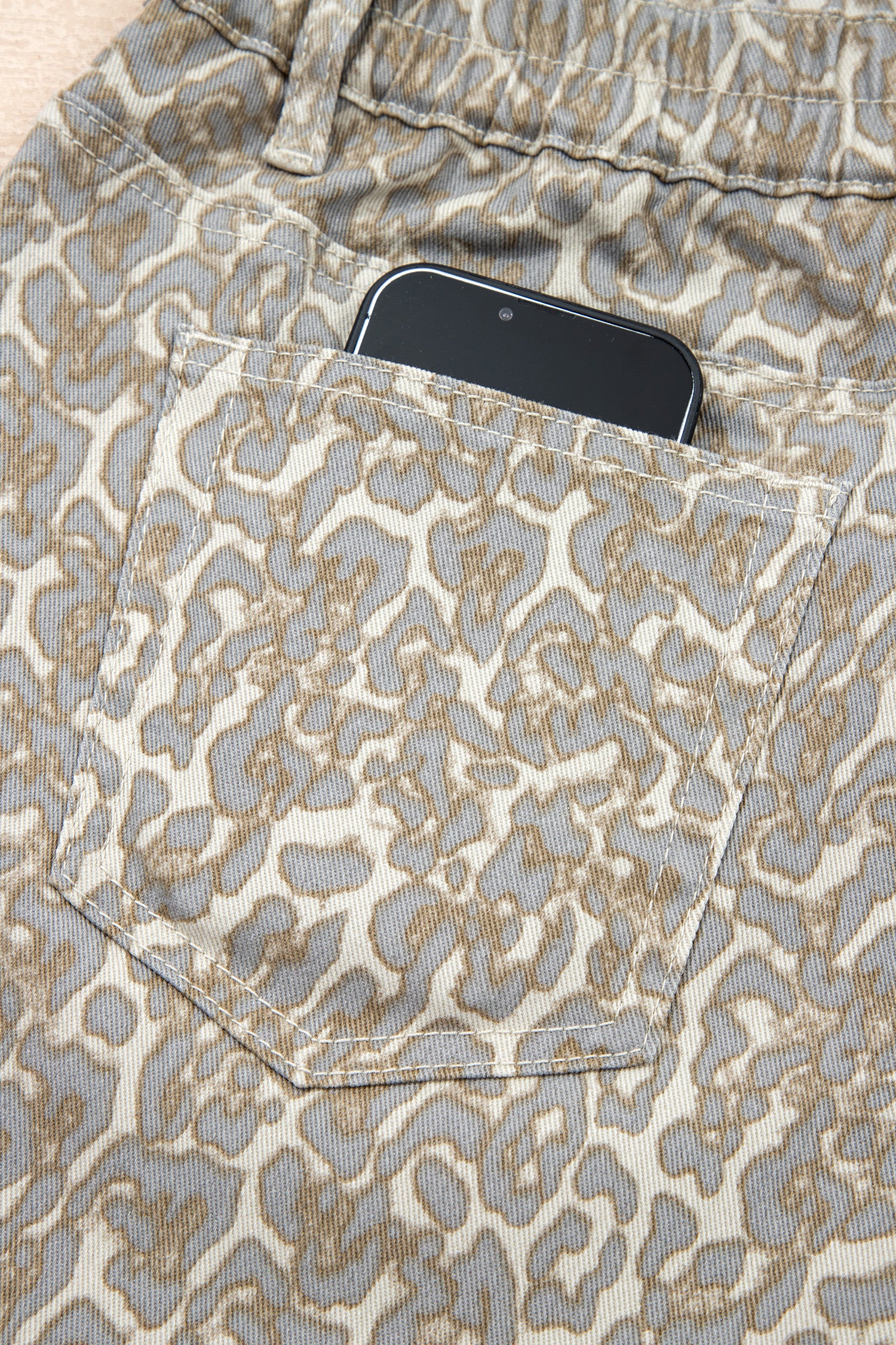 Khaki Raw Edge Leopard Print Denim Shorts | UK 8–20