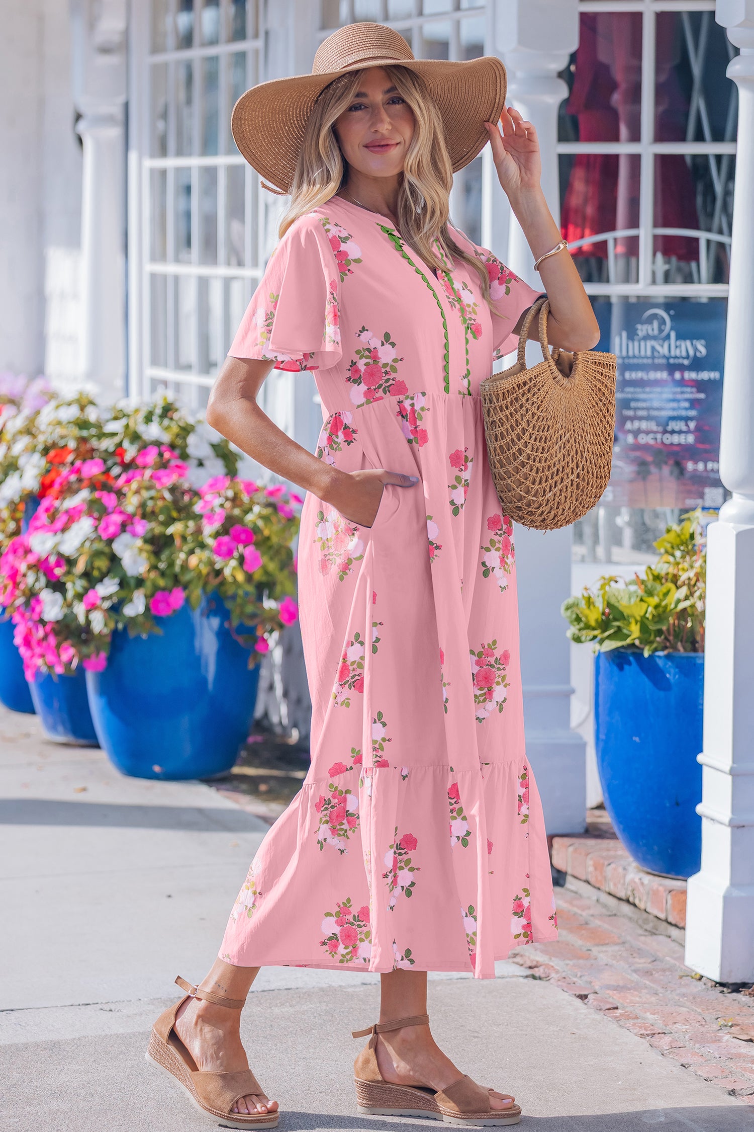 LivelyLooks Women's Floral Maxi Dress Flutter Sleeve Notched Neck Summer Holiday Pink Blue women's fashion