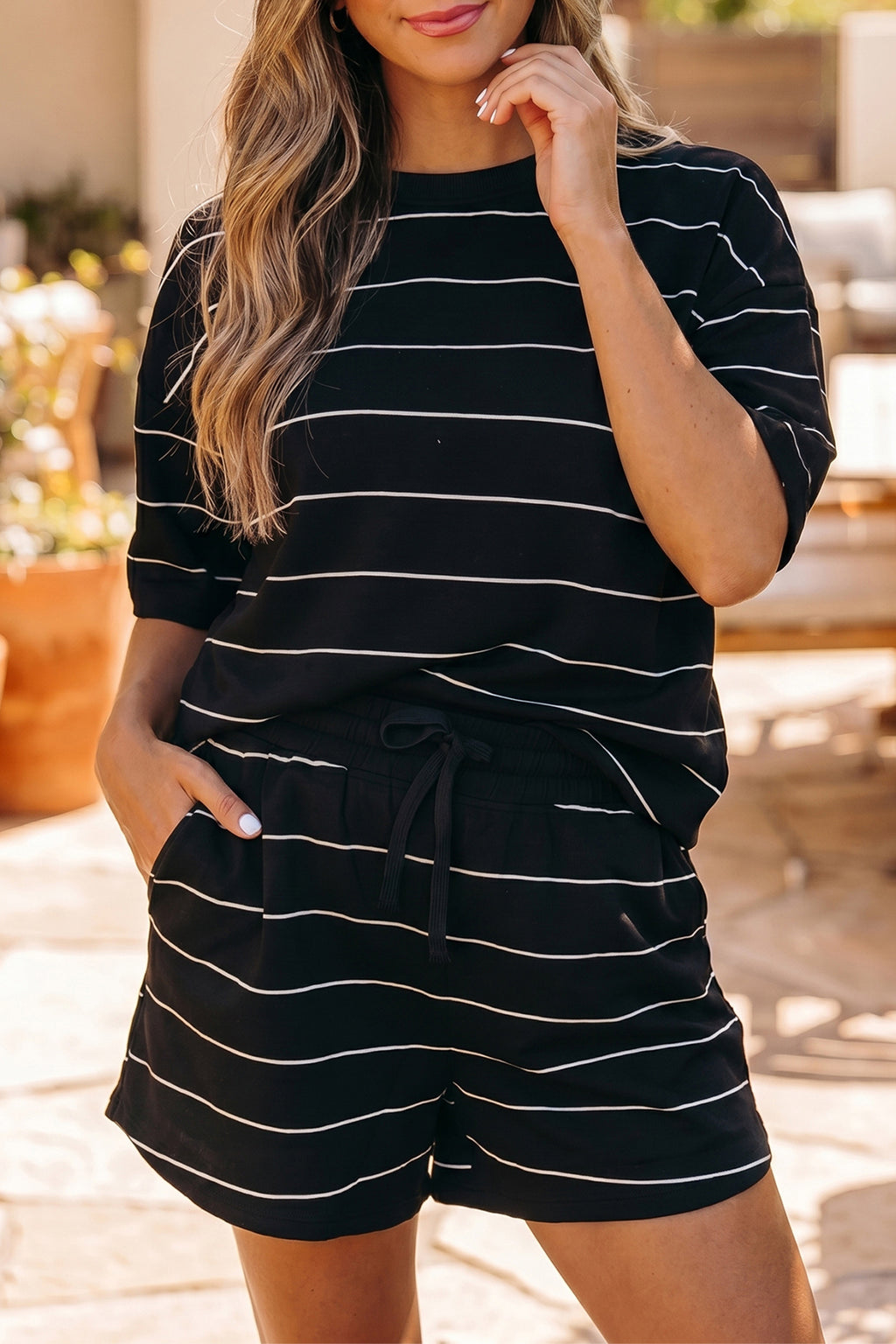 Stripe Half Sleeve Tee & Drawstring Shorts Co-ord Set – White & Black