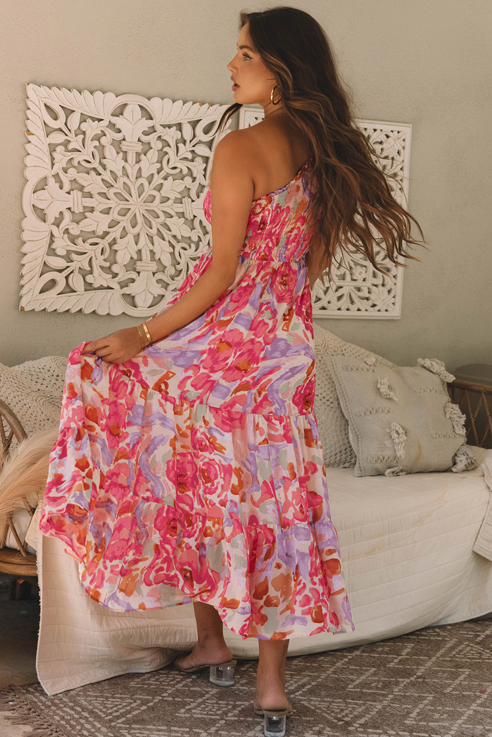 LivelyLooks Pink Abstract Floral Shirred One-Shoulder Maxi Dress women's fashion