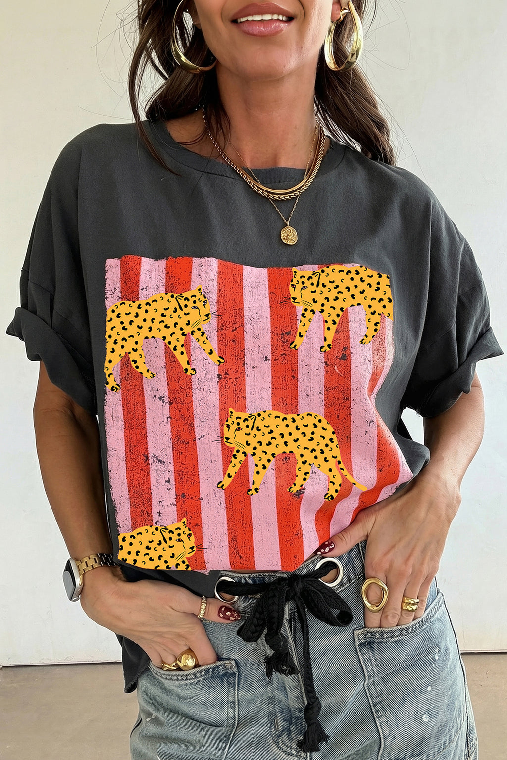 Dark Grey & White Cheetah Print Retro Graphic Tee S-XL