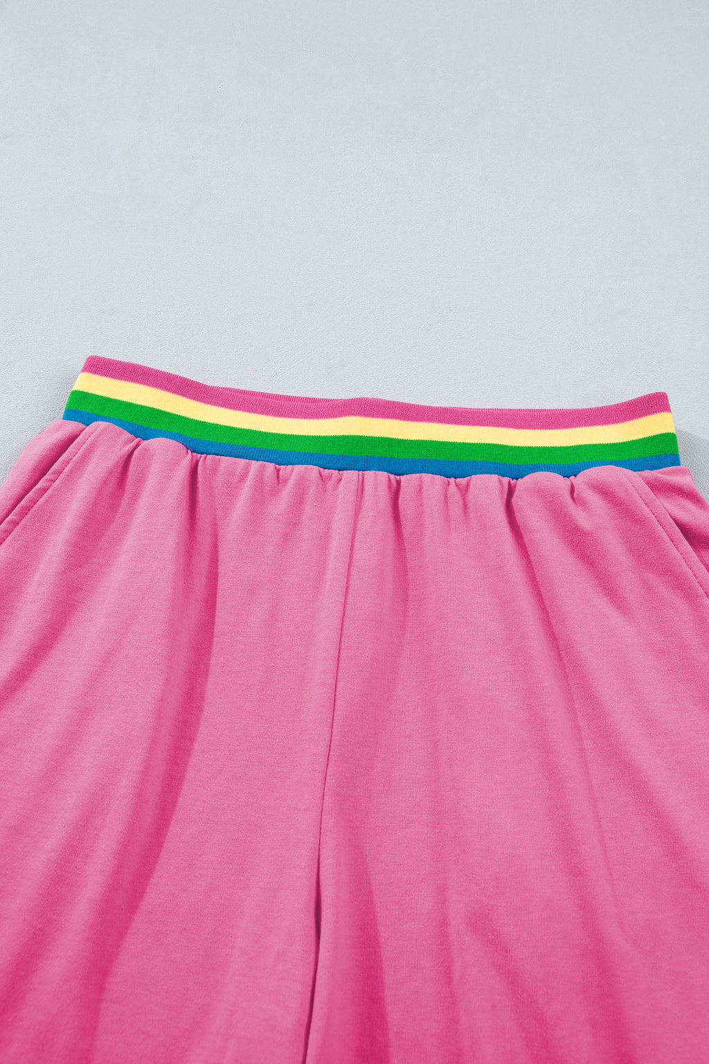 Bright Pink Seam Detail Raw Edge Tee & Rainbow Waistband Shorts Co-ord Set