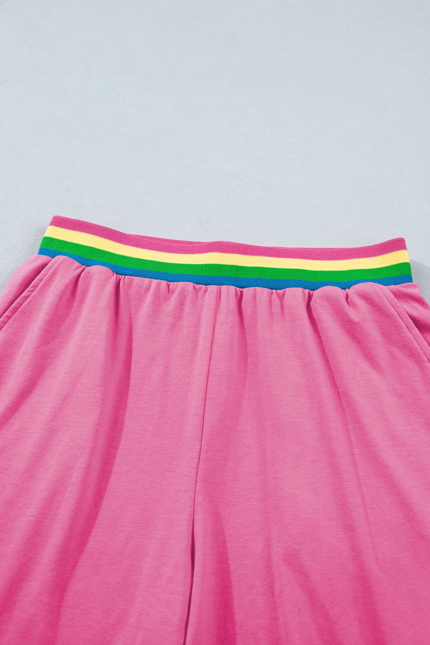 Bright Pink Seam Detail Raw Edge Tee & Rainbow Waistband Shorts Co-ord Set