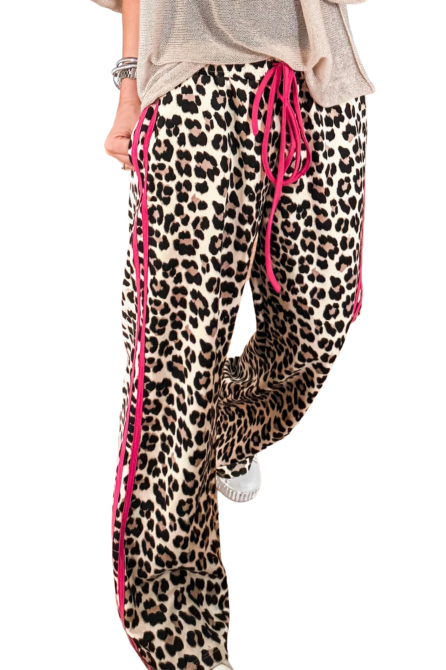 Leopard Print Side Stripe Wide Leg Trousers – Red & Rose