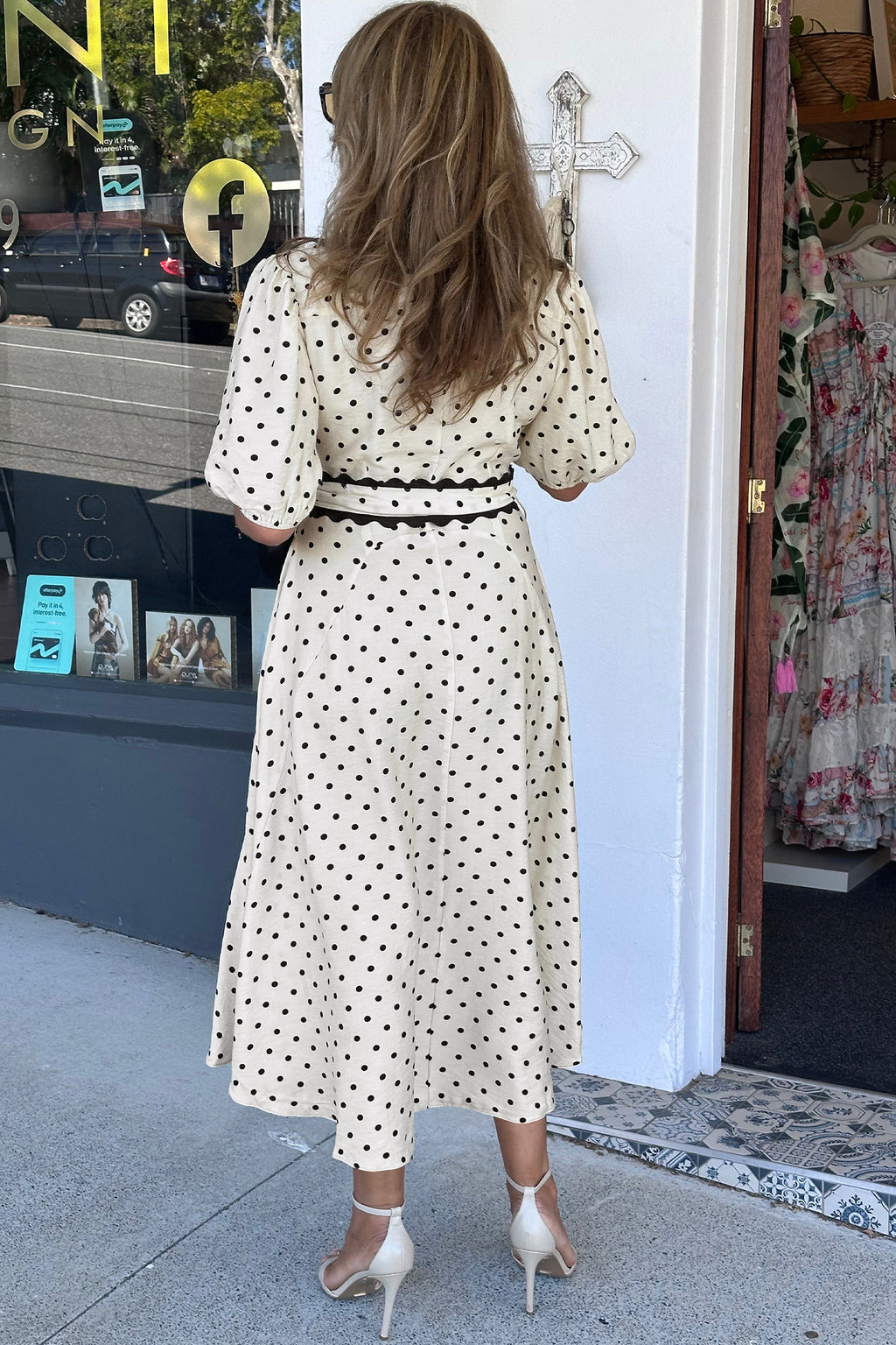 White Polka Dot Scalloped Trim Shirt Collar Belted Midi Dress S-XL