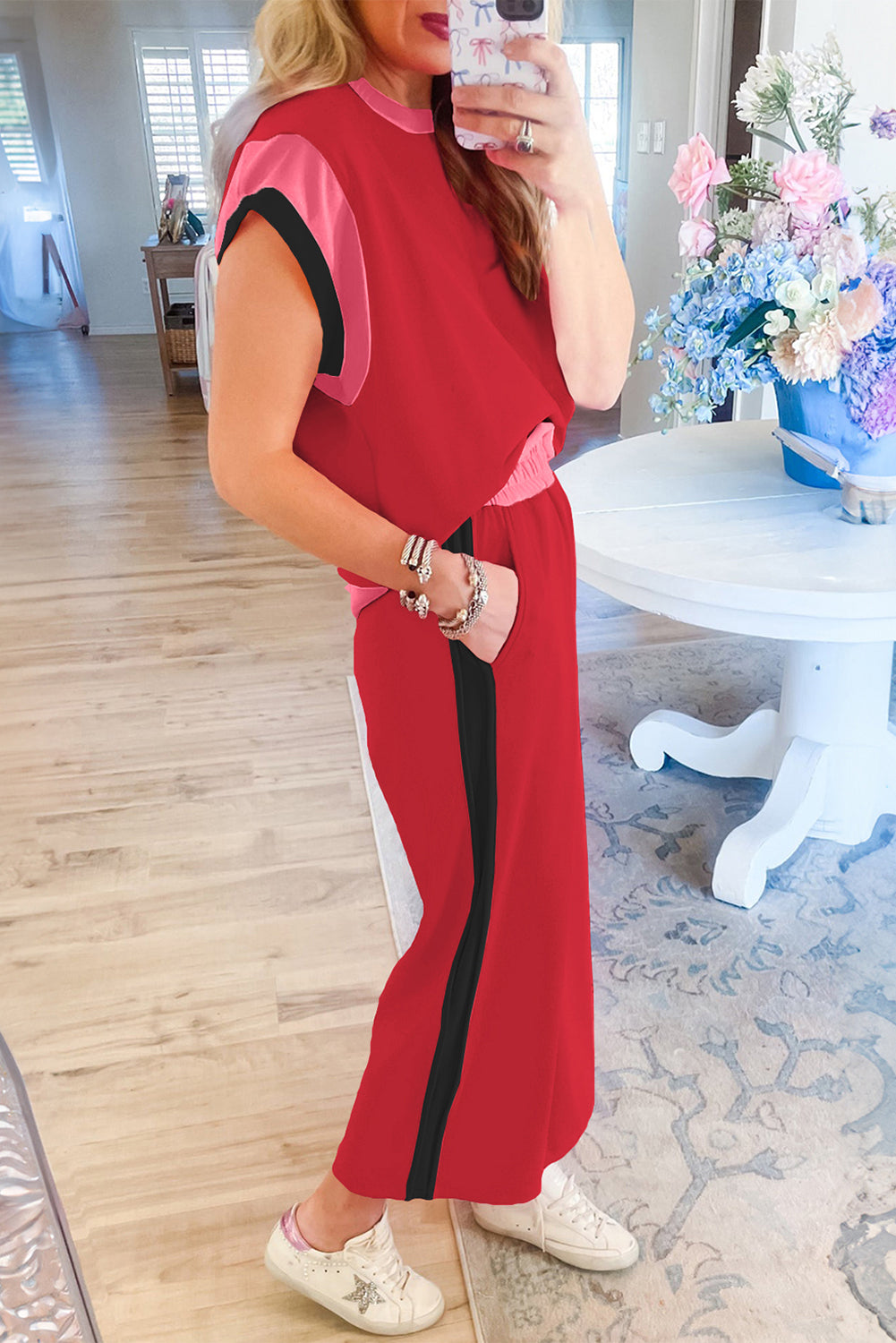 Colour Block Cap Sleeve Tee & Crop Wide Leg Trousers Set | 8 Colours