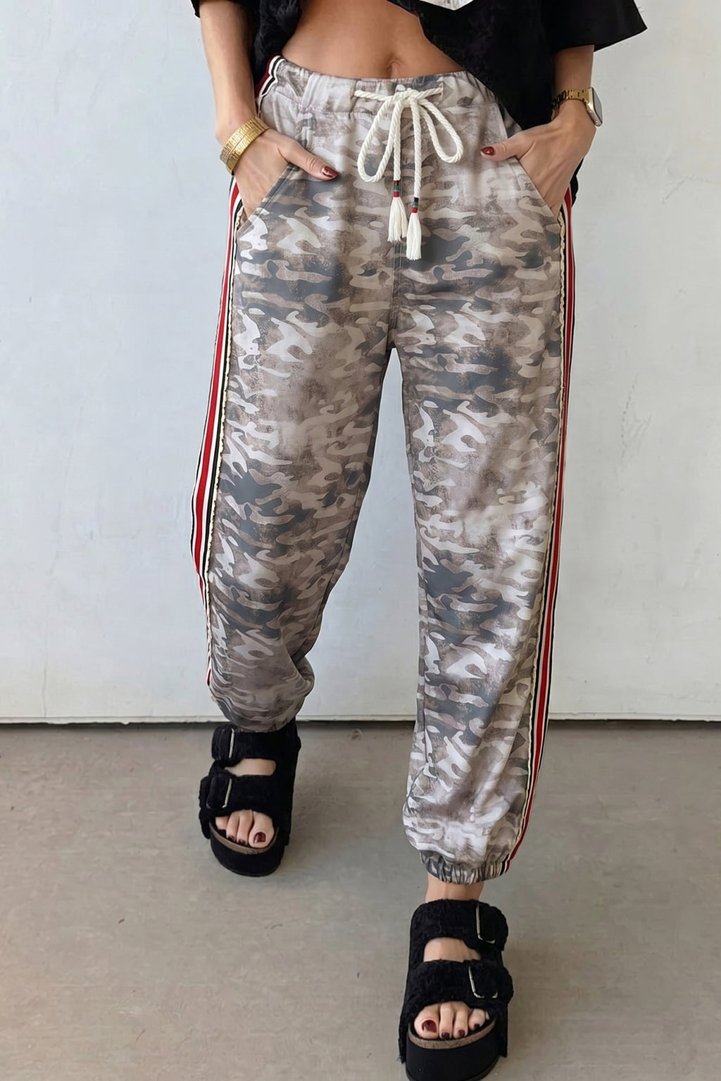 Camouflage Print Drawstring Pants Striped Side Panel Green Khaki Women S-XL
