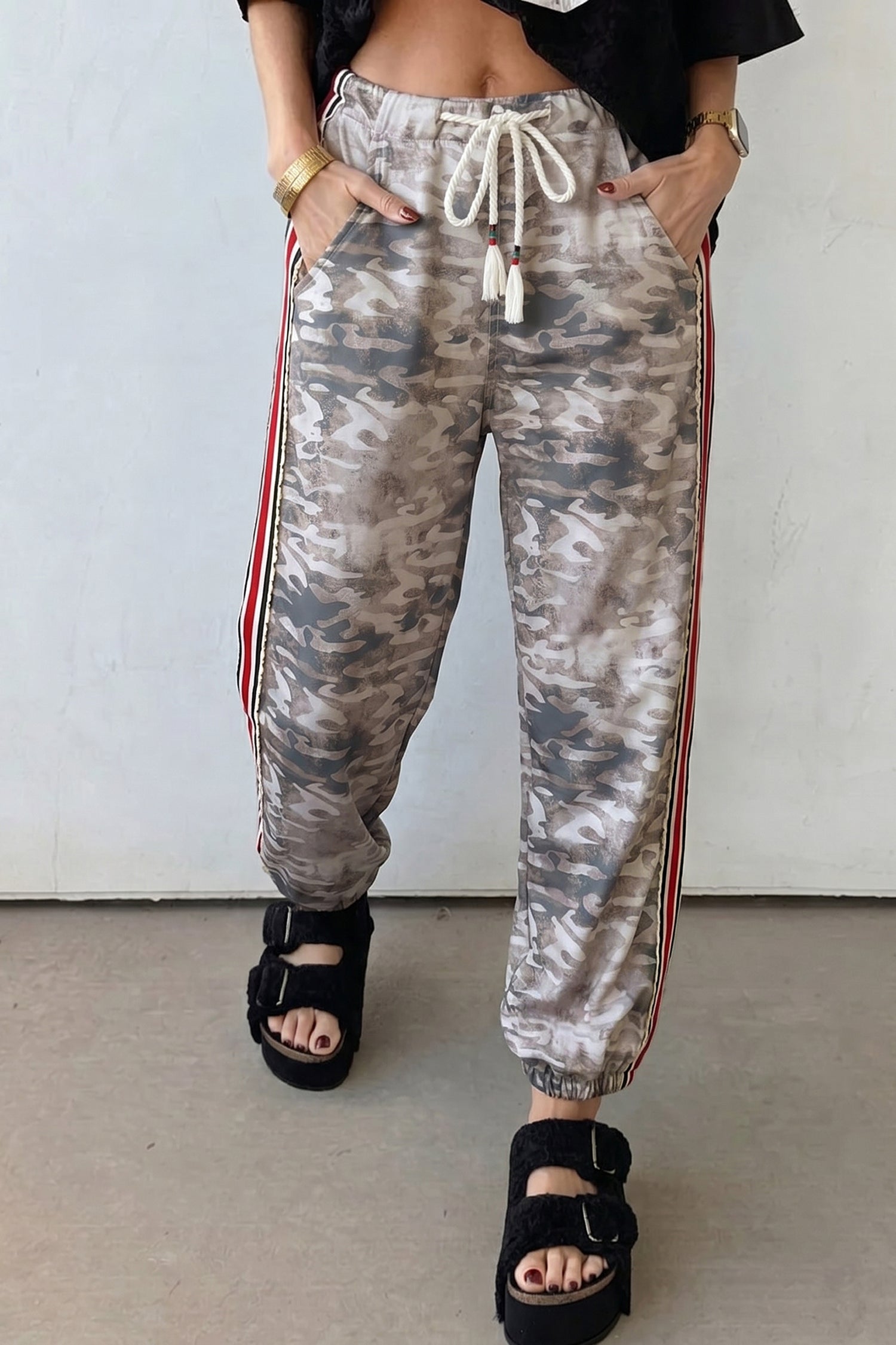 Camouflage Print Drawstring Pants Striped Side Panel Green Khaki Women S-XL