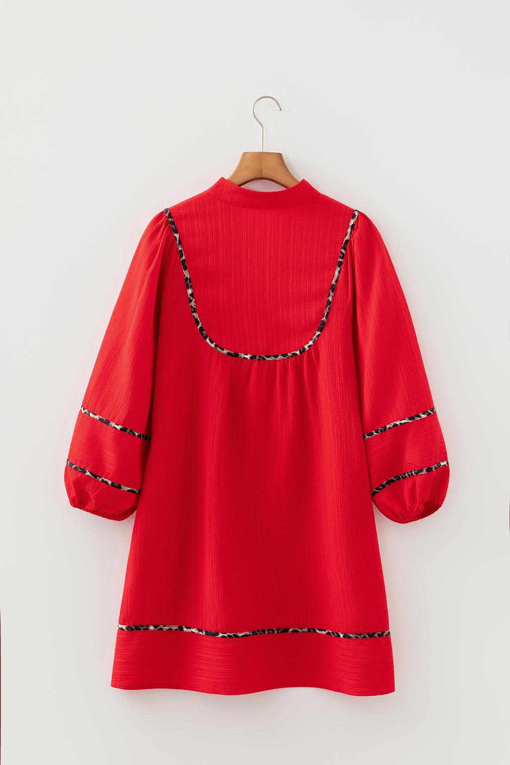 Women's Fiery Red Textured V Neck Leopard Contrasted Trim Long Sleeve Shift Mini Dress at LivelyLooks