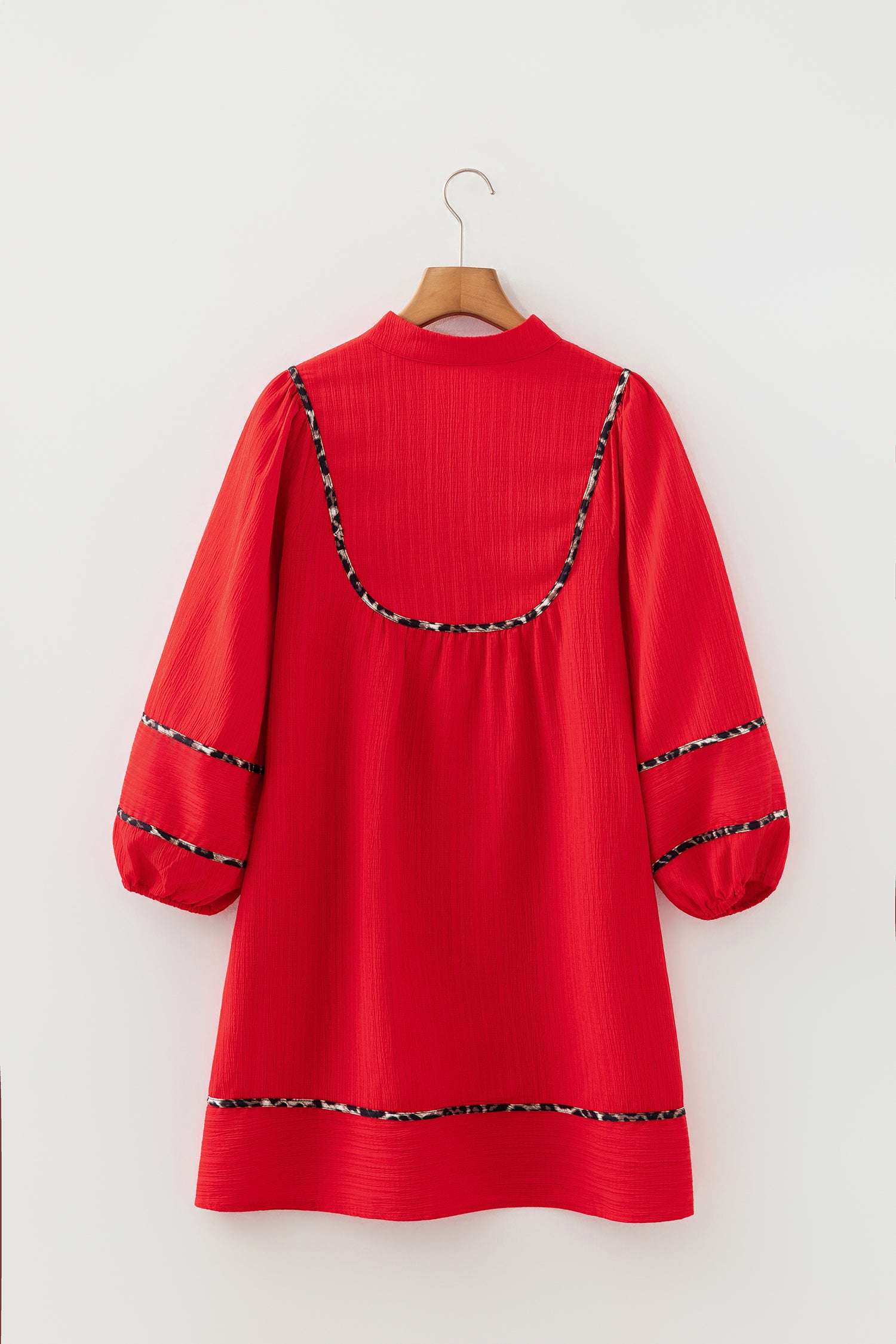 Women's Fiery Red Textured V Neck Leopard Contrasted Trim Long Sleeve Shift Mini Dress at LivelyLooks