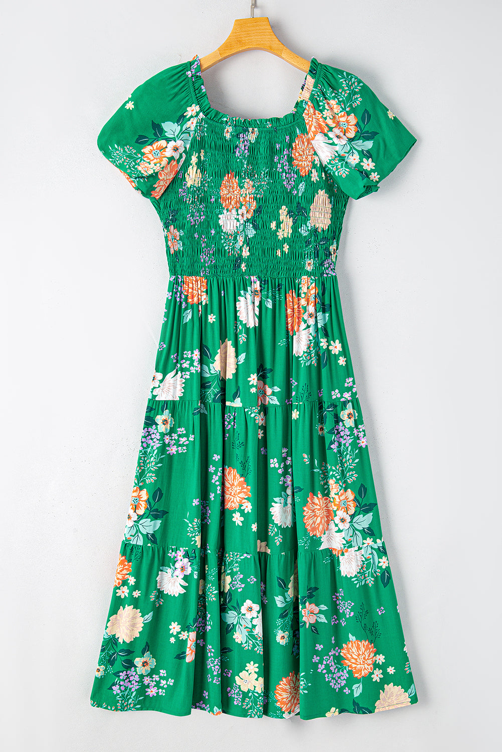 LivelyLooks Green Floral Bubble Sleeve Smocked Tiered Midi Dress women's fashion