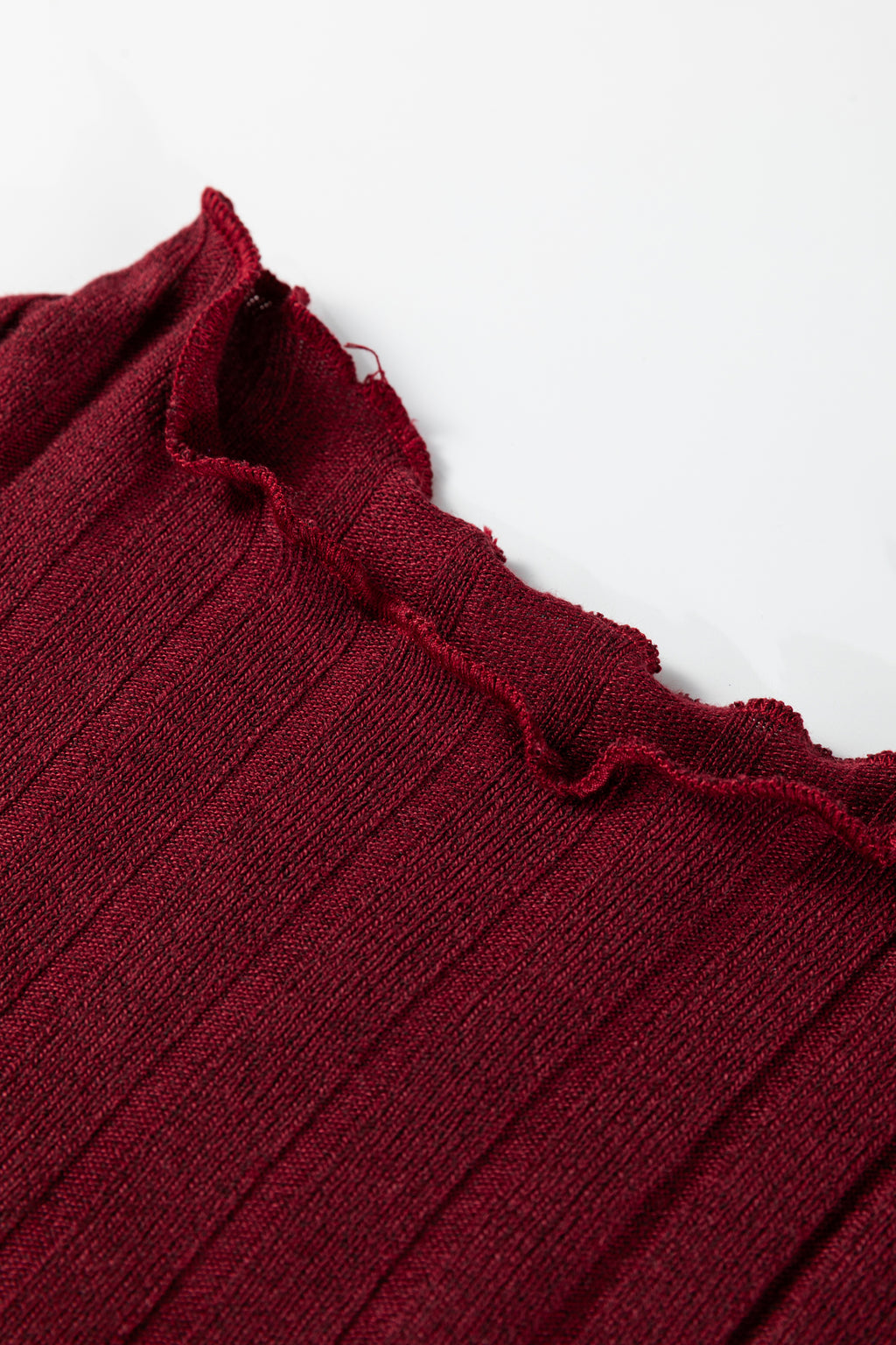Black & Burgundy Frilled Neck Ribbed Knit Long Sleeve Mini Dress S-XL