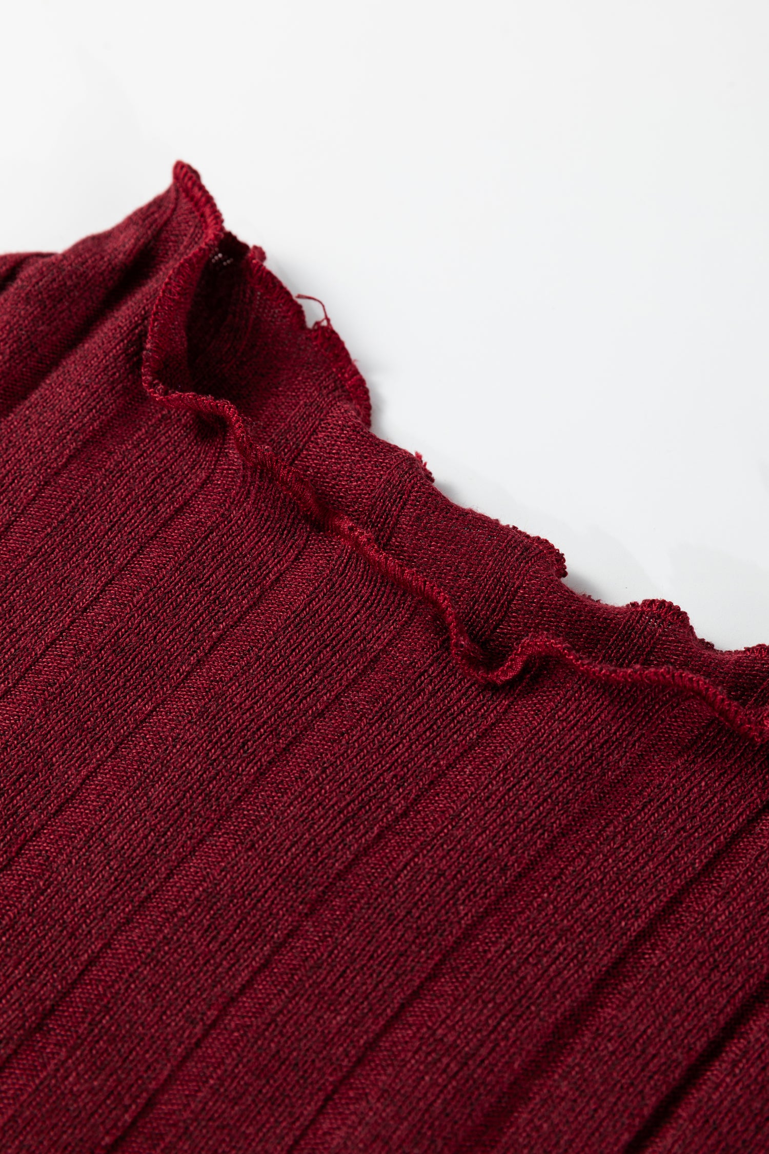 Black & Burgundy Frilled Neck Ribbed Knit Long Sleeve Mini Dress S-XL