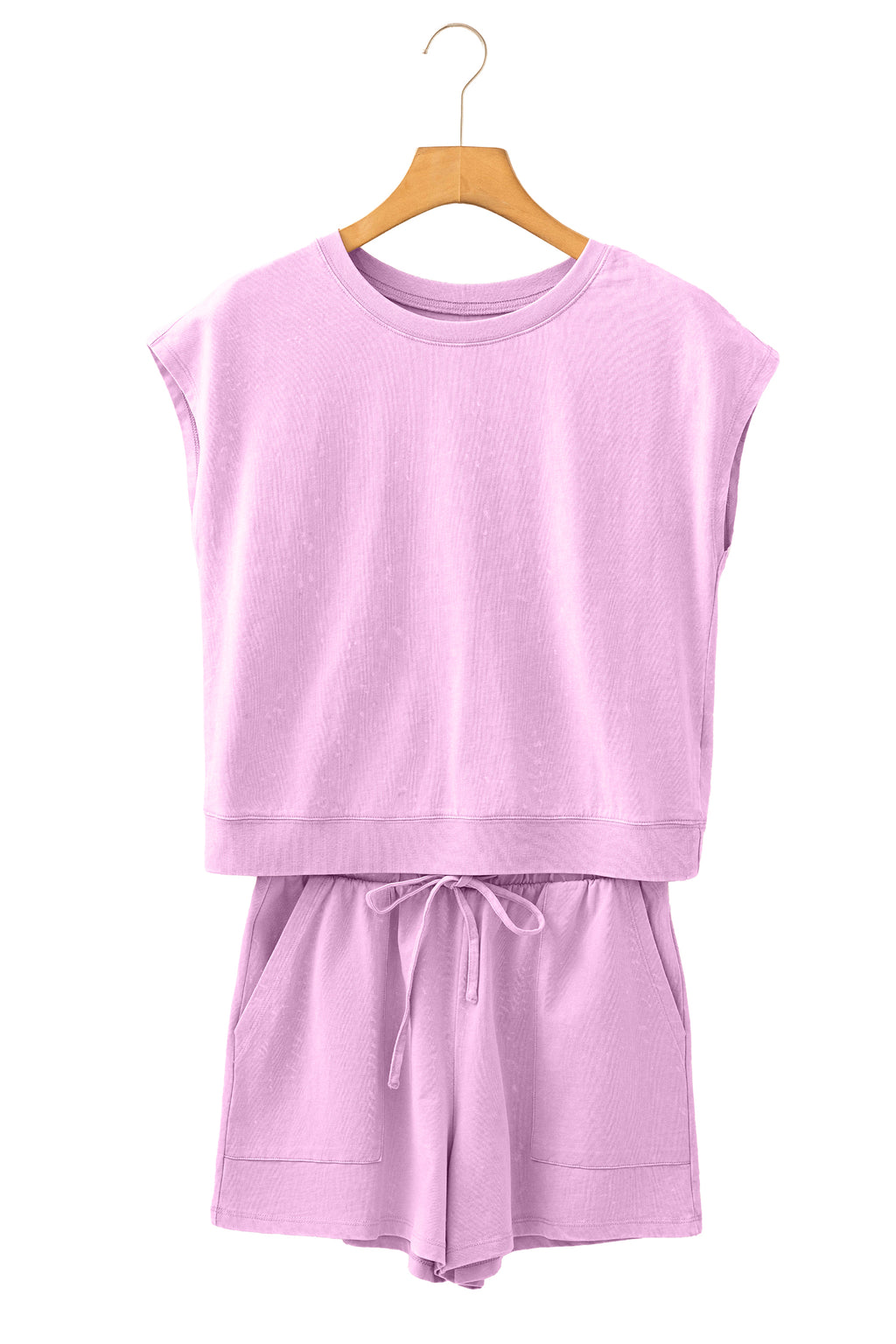 Women's Mineral Wash Cotton Crew Neck Tee & Shorts Set Pink S-XL