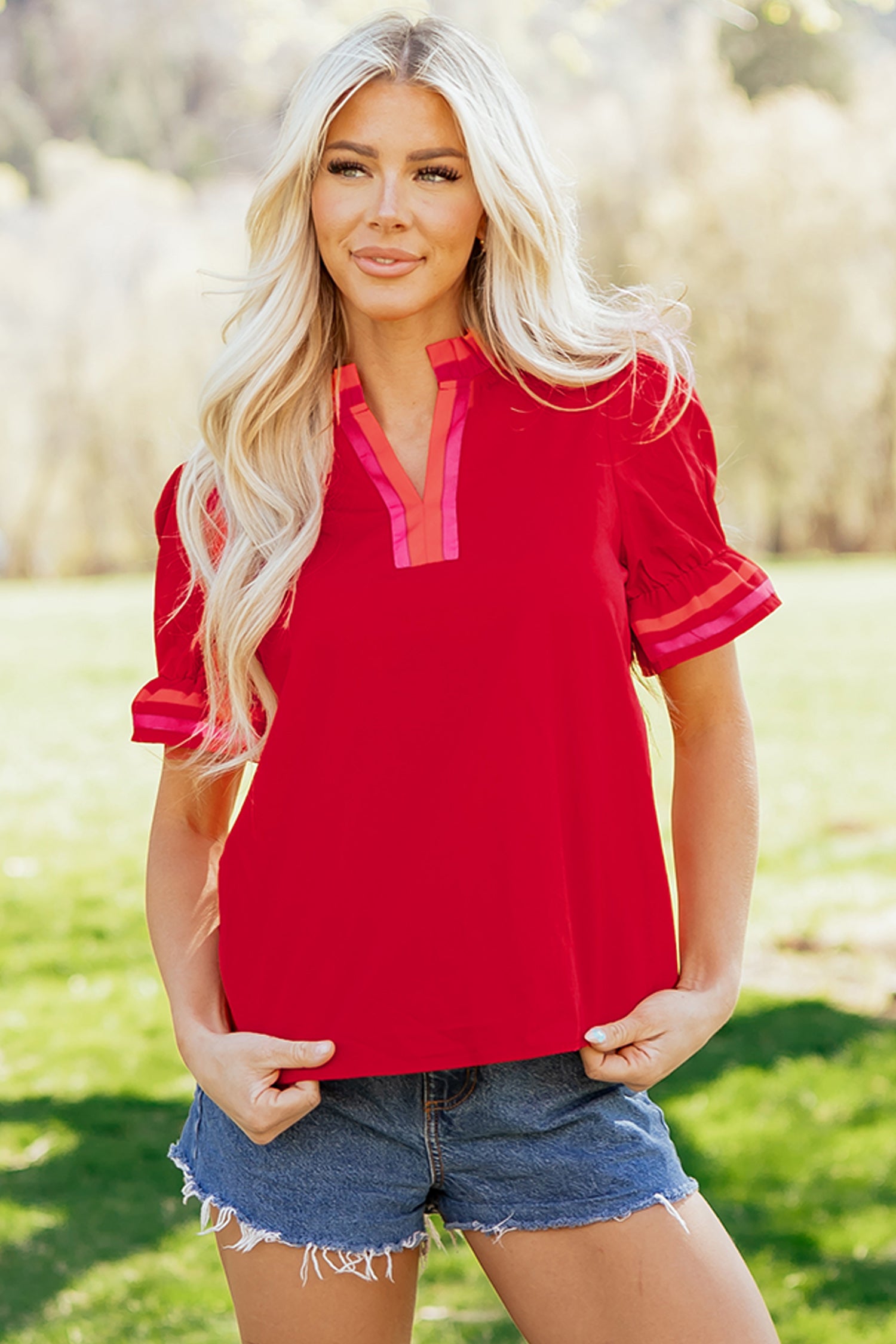 Striped Frilled Collar Ruffled Blouse Short Sleeve Green Sky Blue Fiery Red S-XL