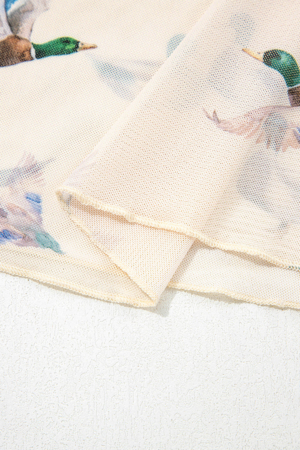 Beige Mallard Print Sheer Mesh Top Short Sleeve Women S-XL
